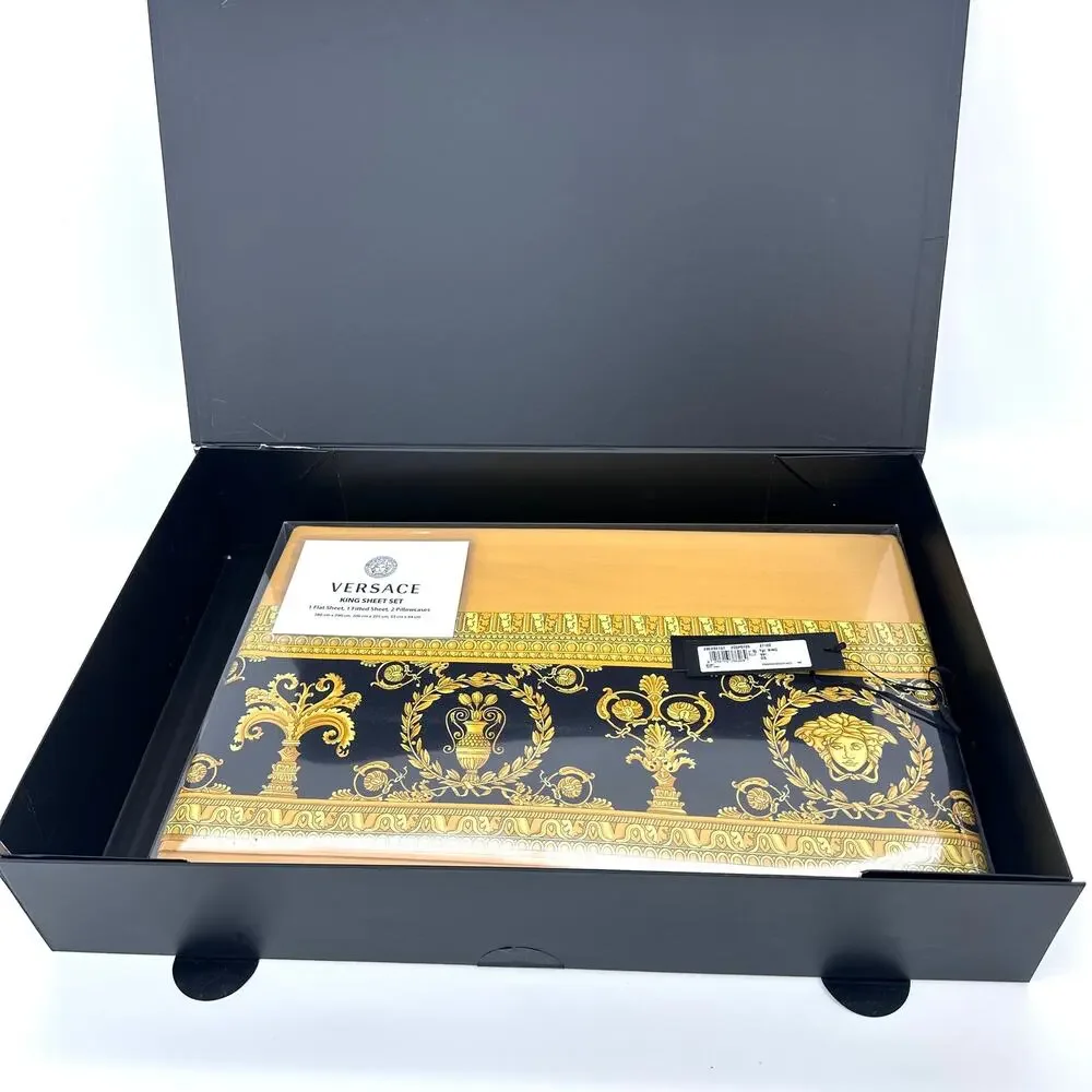 NIB Versace Home Bed Sheet Set 4 Pieces Gold Yellow Barocco Print King Size